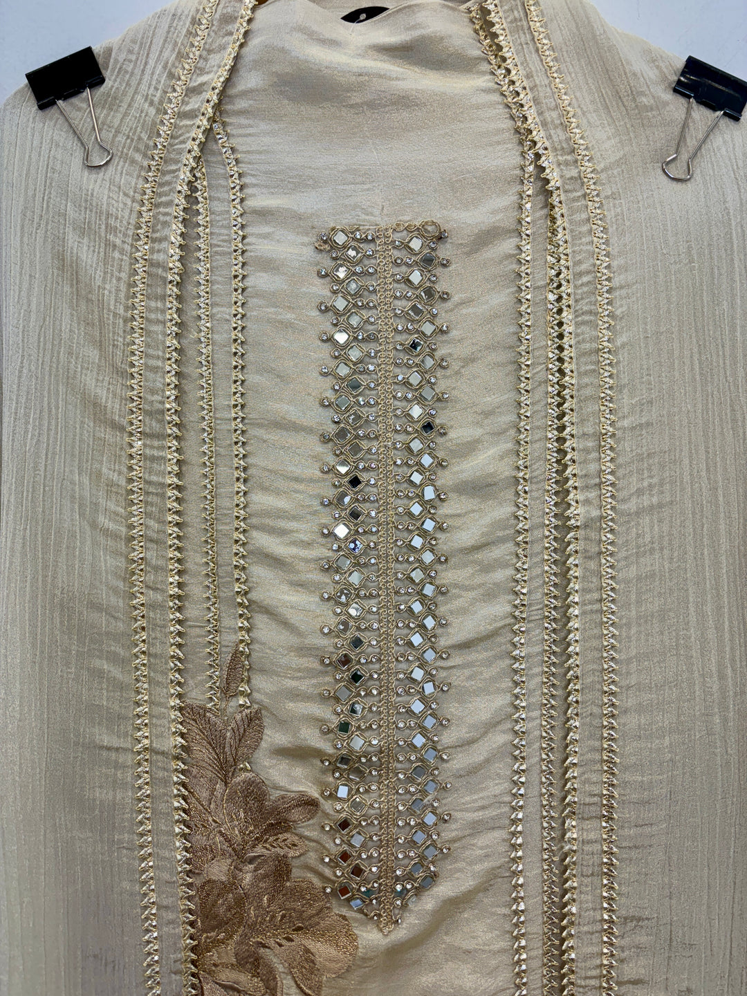 Tissue Shimmer Unstitched Suit with Mirror &amp; Embroidery Work
