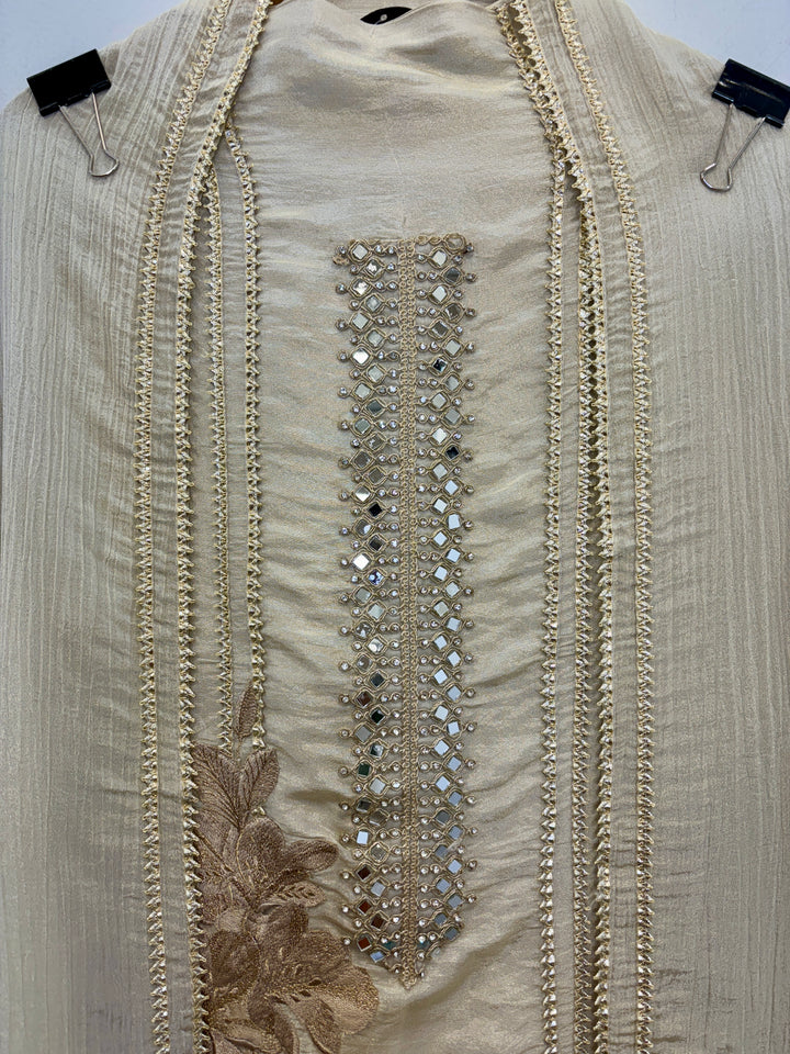 Tissue Shimmer Unstitched Suit with Mirror &amp; Embroidery Work