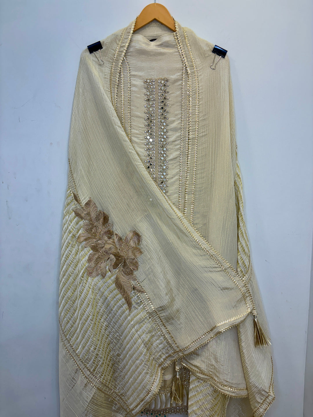 Tissue Shimmer Unstitched Suit with Mirror &amp; Embroidery Work
