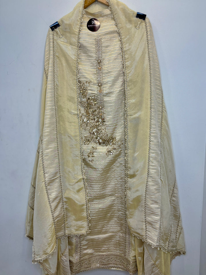 Tissue Shimmer Unstitched Suit with Handwork &amp; Pearl Detailing