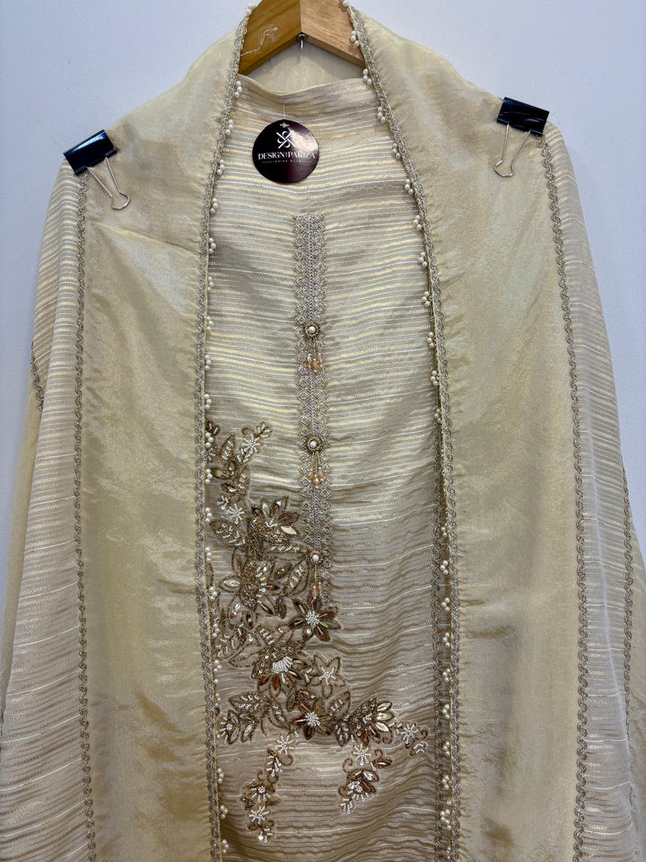 Tissue Shimmer Unstitched Suit with Handwork &amp; Pearl Detailing