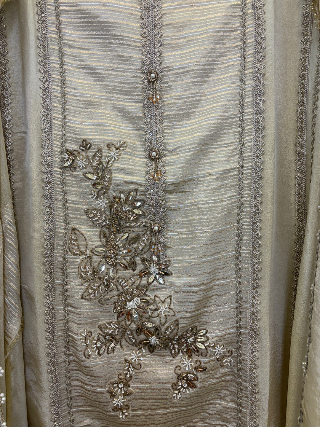 Tissue Shimmer Unstitched Suit with Handwork &amp; Pearl Detailing