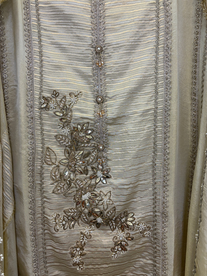 Tissue Shimmer Unstitched Suit with Handwork &amp; Pearl Detailing