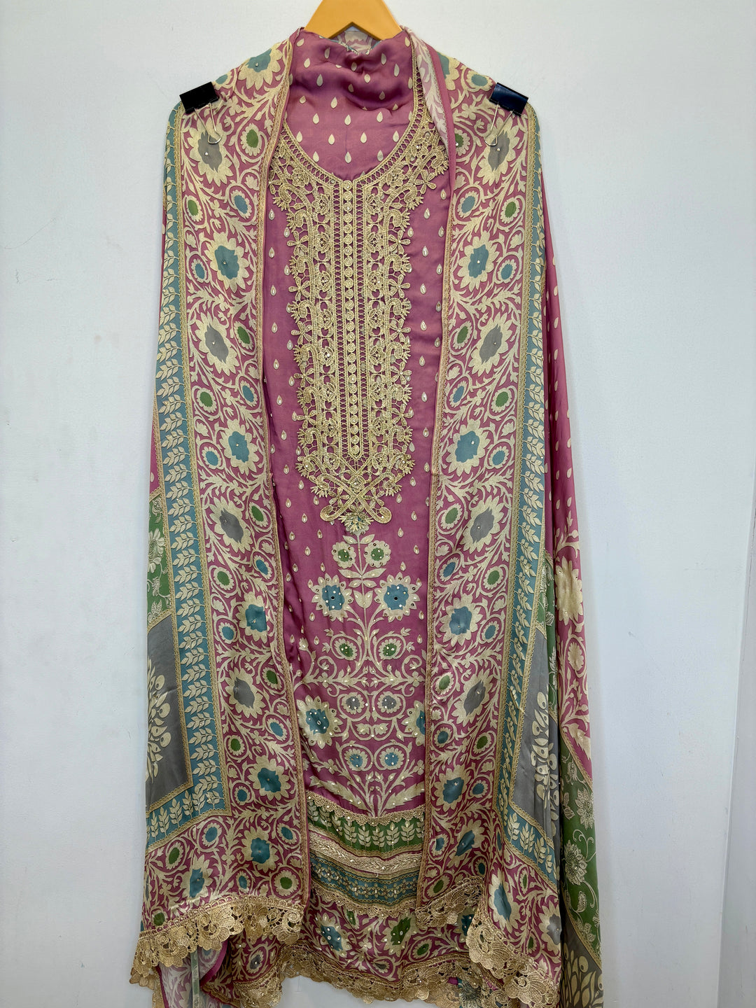 Pink Pakistani-Inspired Satin Organza Unstitched Suit with Zari Cutwork