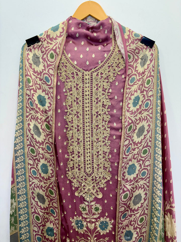 Pink Pakistani-Inspired Satin Organza Unstitched Suit with Zari Cutwork