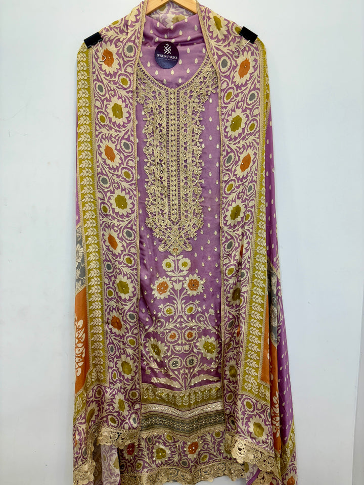 Purple Pakistani-Inspired Satin Organza Unstitched Suit with Zari Cutwork