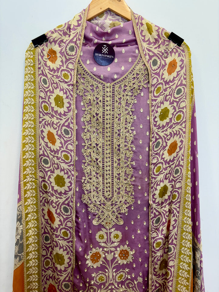 Purple Pakistani-Inspired Satin Organza Unstitched Suit with Zari Cutwork
