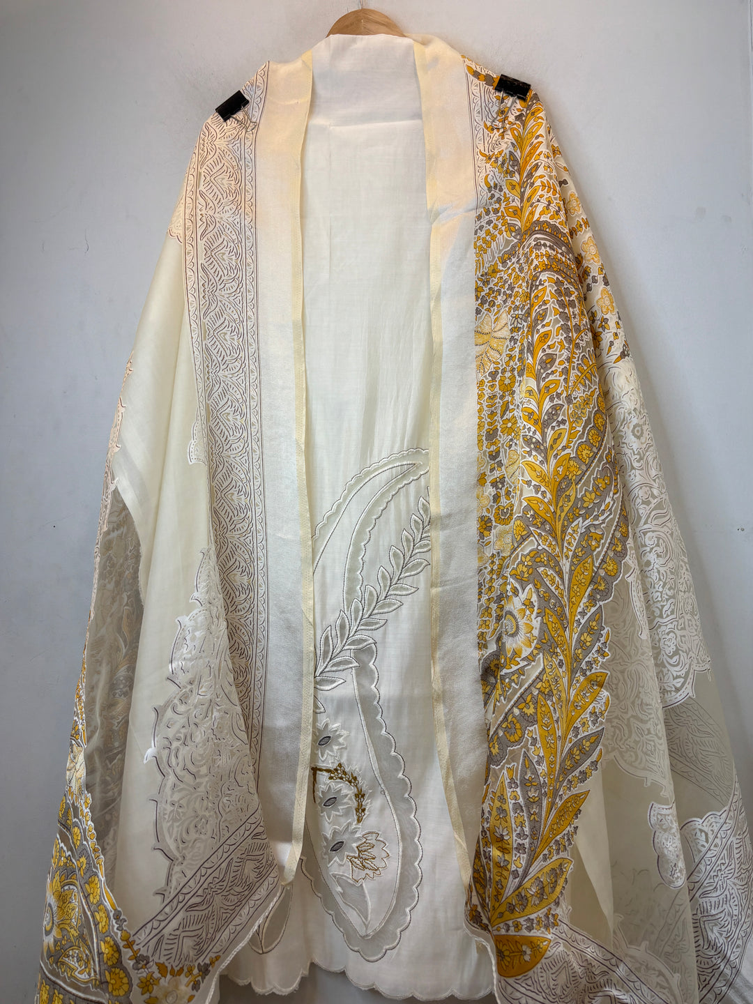 Golden Chanderi Unstitched Suit Set with Cutwork Embroidery
