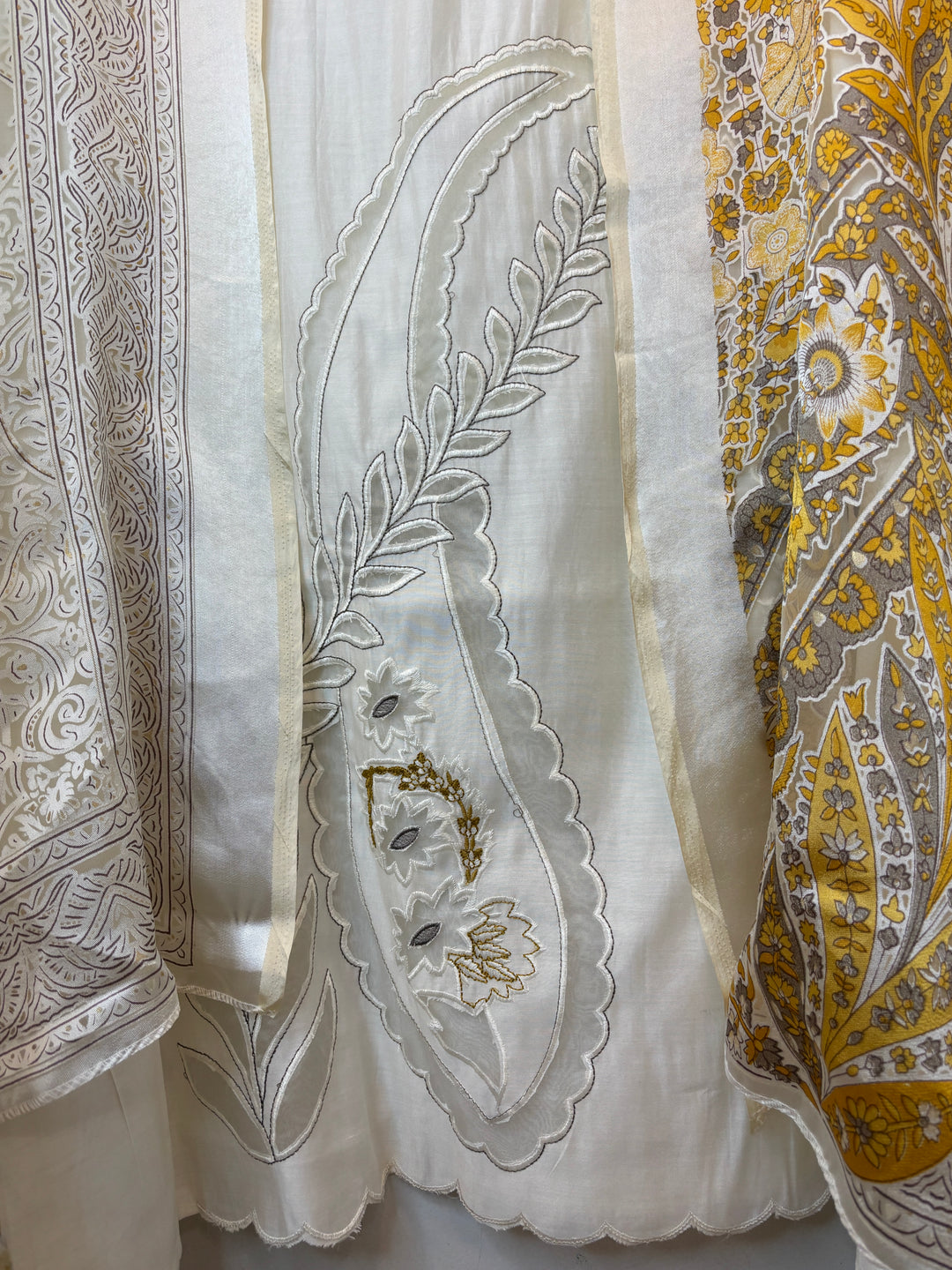Golden Chanderi Unstitched Suit Set with Cutwork Embroidery