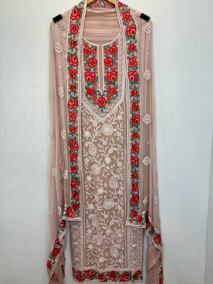 Georgette Lucknavi Unstitched Suit with Parsi &amp; Lucknavi Embroidery