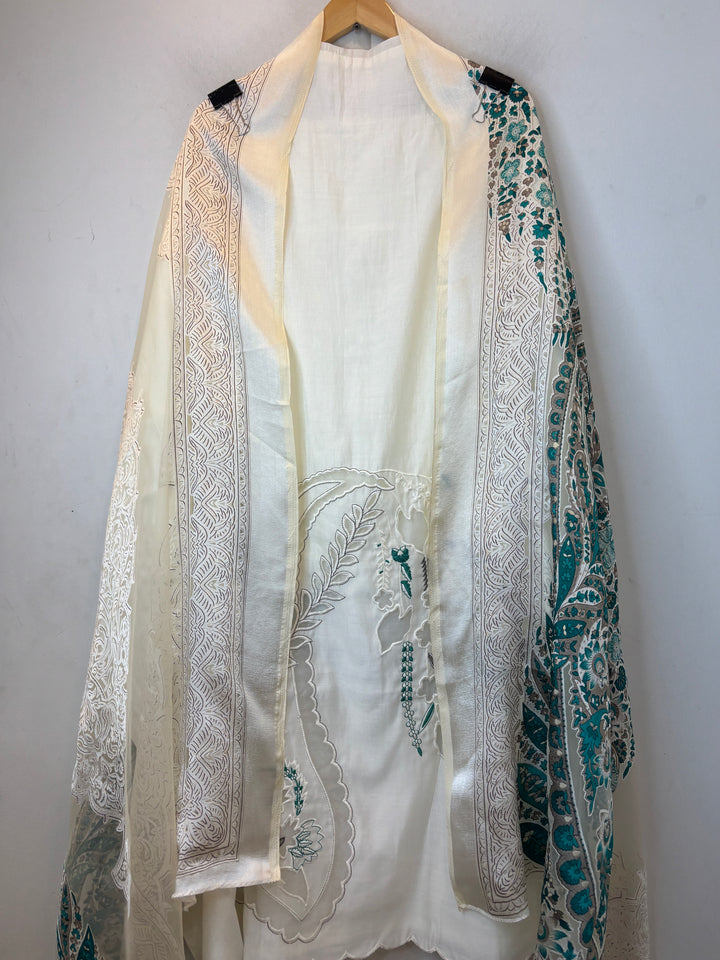 Blue Chanderi Unstitched Suit Set with Cutwork Embroidery