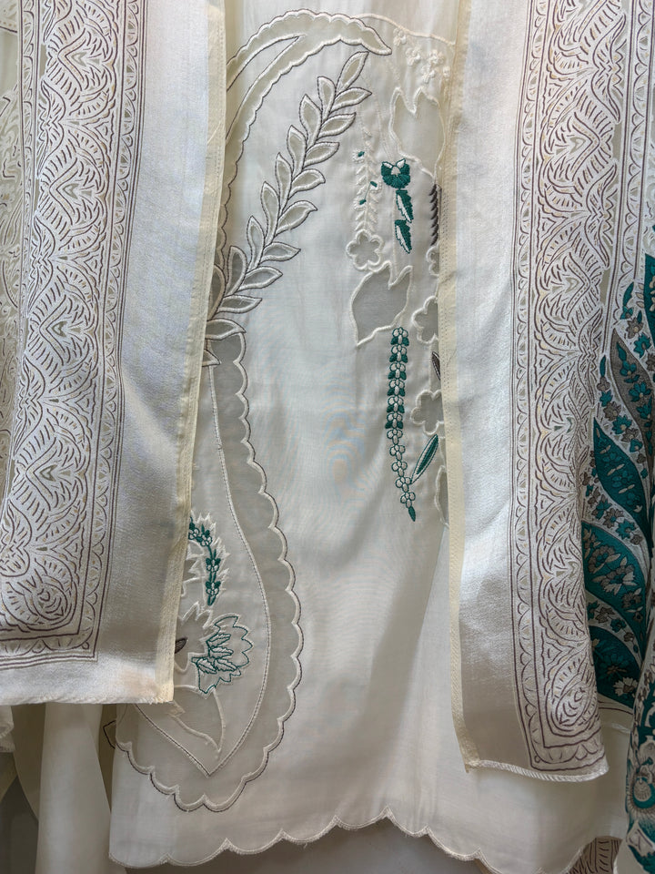 Blue Chanderi Unstitched Suit Set with Cutwork Embroidery