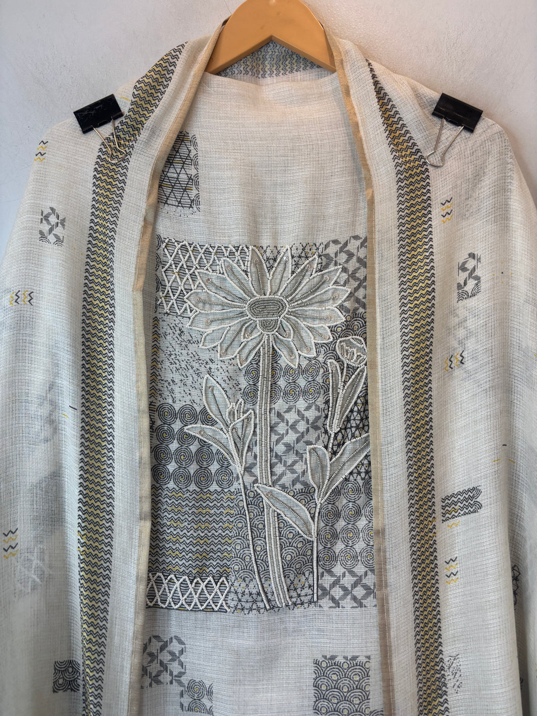 Grey Soft Cotton Printed Unstitched Suit Set with Bead Work