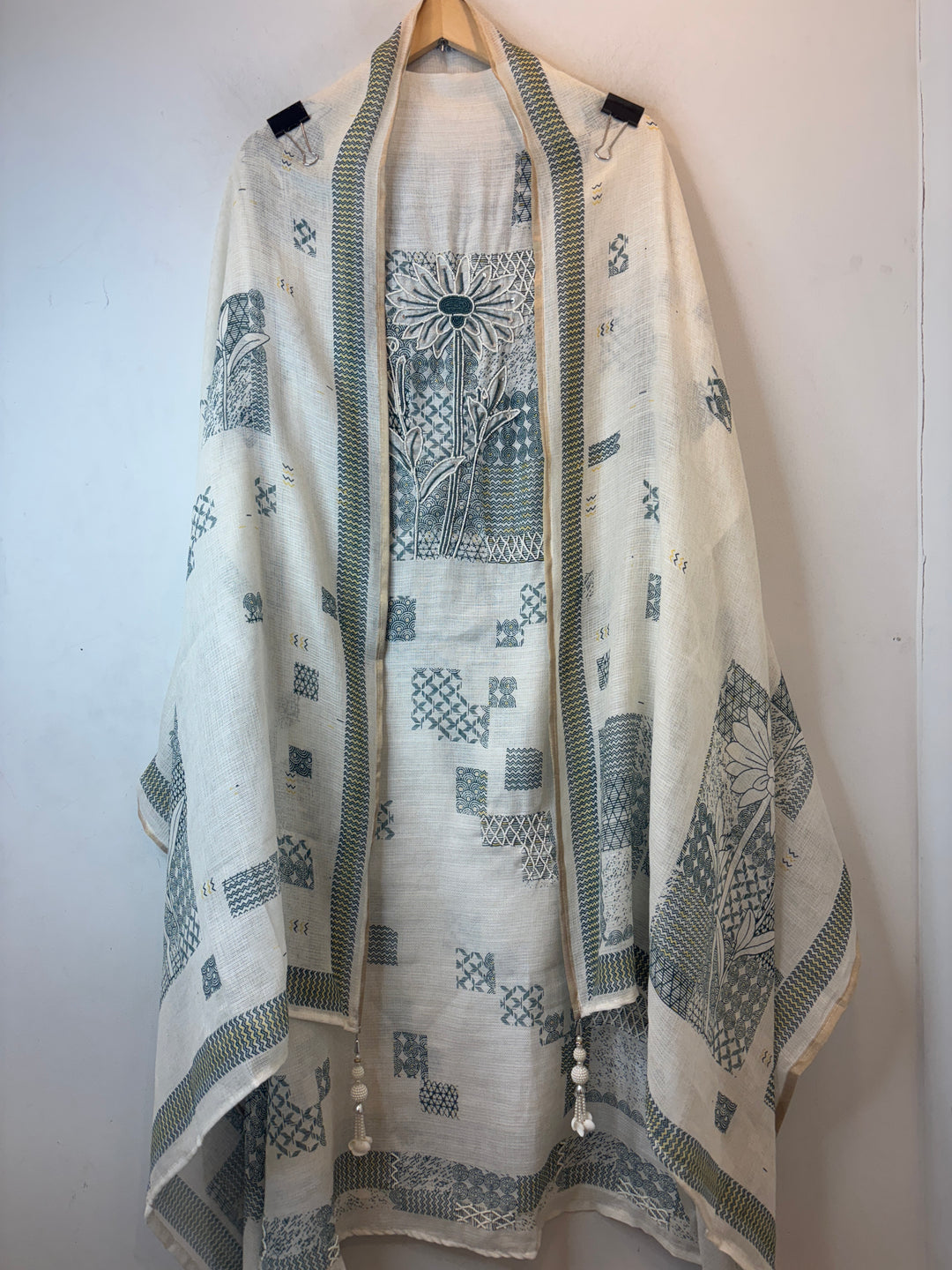 Green Soft Cotton Printed Unstitched Suit Set with Bead Work