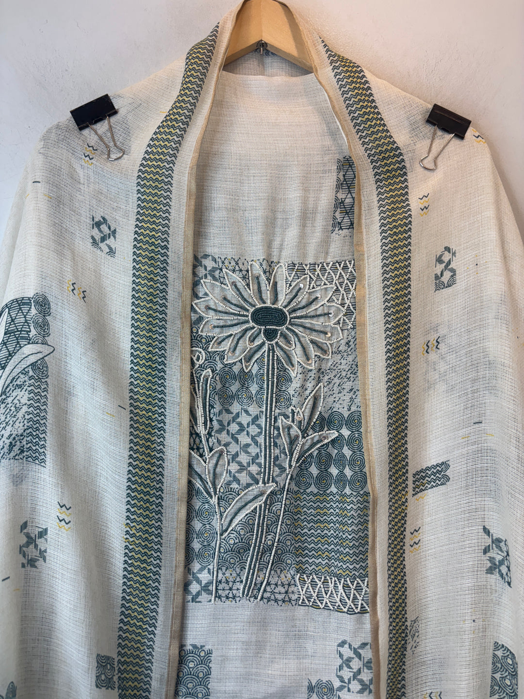 Green Soft Cotton Printed Unstitched Suit Set with Bead Work