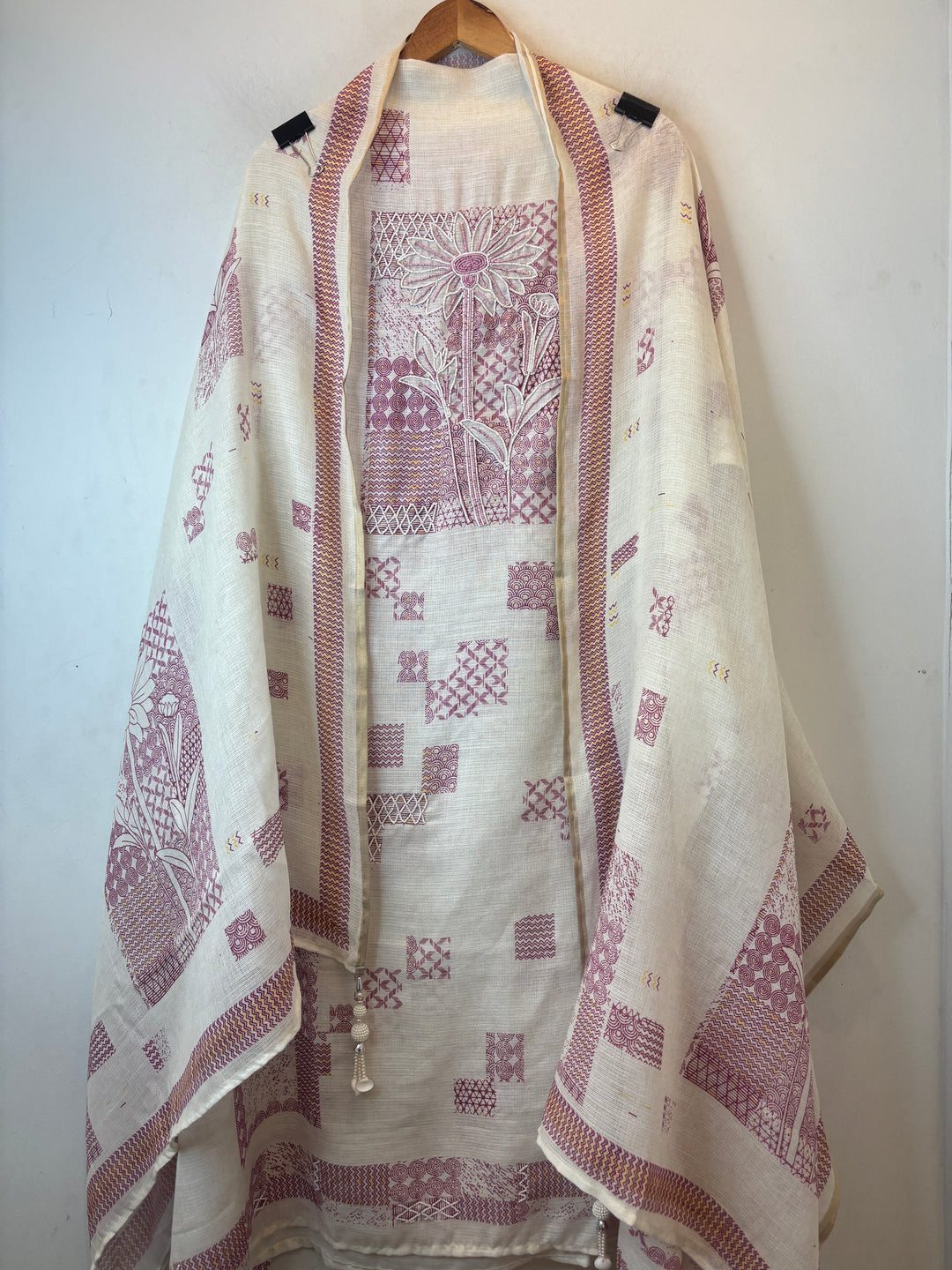 Pink Soft Cotton Printed Unstitched Suit Set with Bead Work