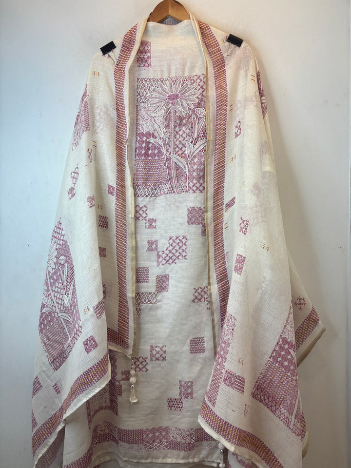 Pink Soft Cotton Printed Unstitched Suit Set with Bead Work