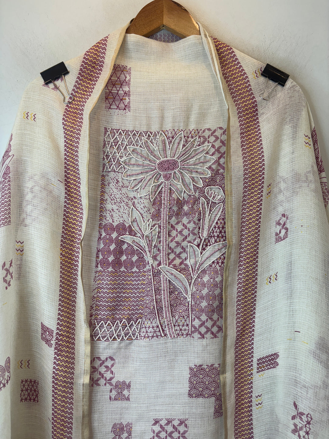 Pink Soft Cotton Printed Unstitched Suit Set with Bead Work
