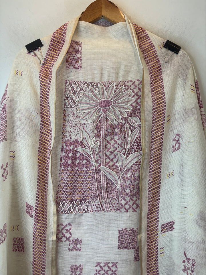 Pink Soft Cotton Printed Unstitched Suit Set with Bead Work