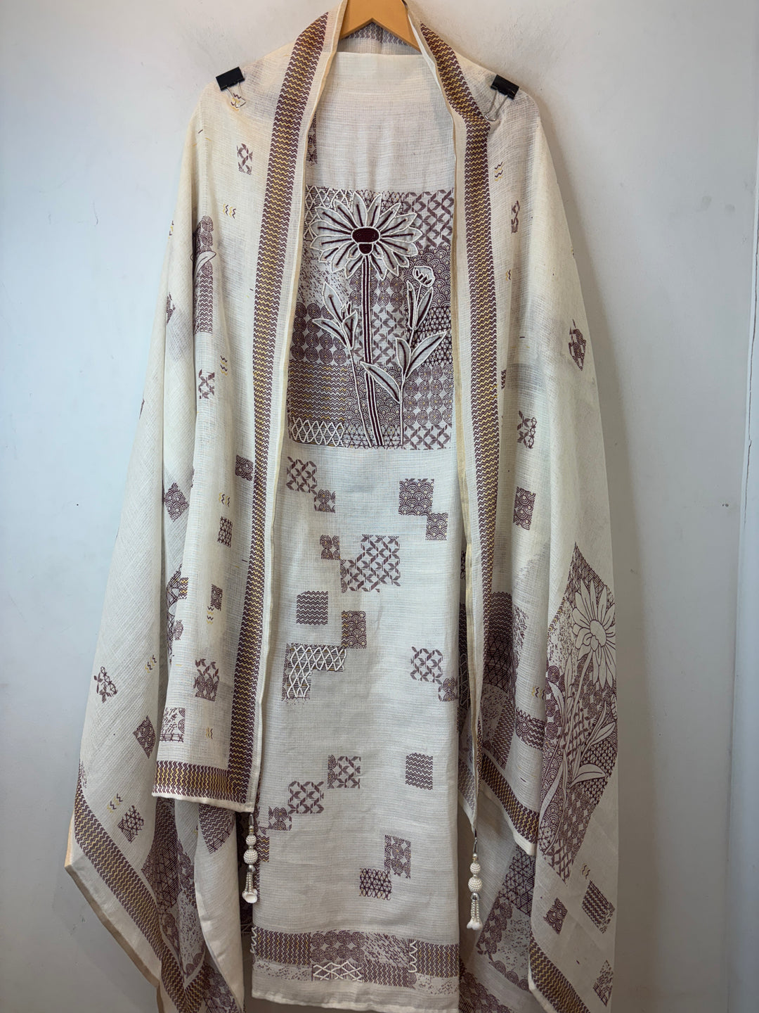 Maroon Soft Cotton Printed Unstitched Suit Set with Bead Work