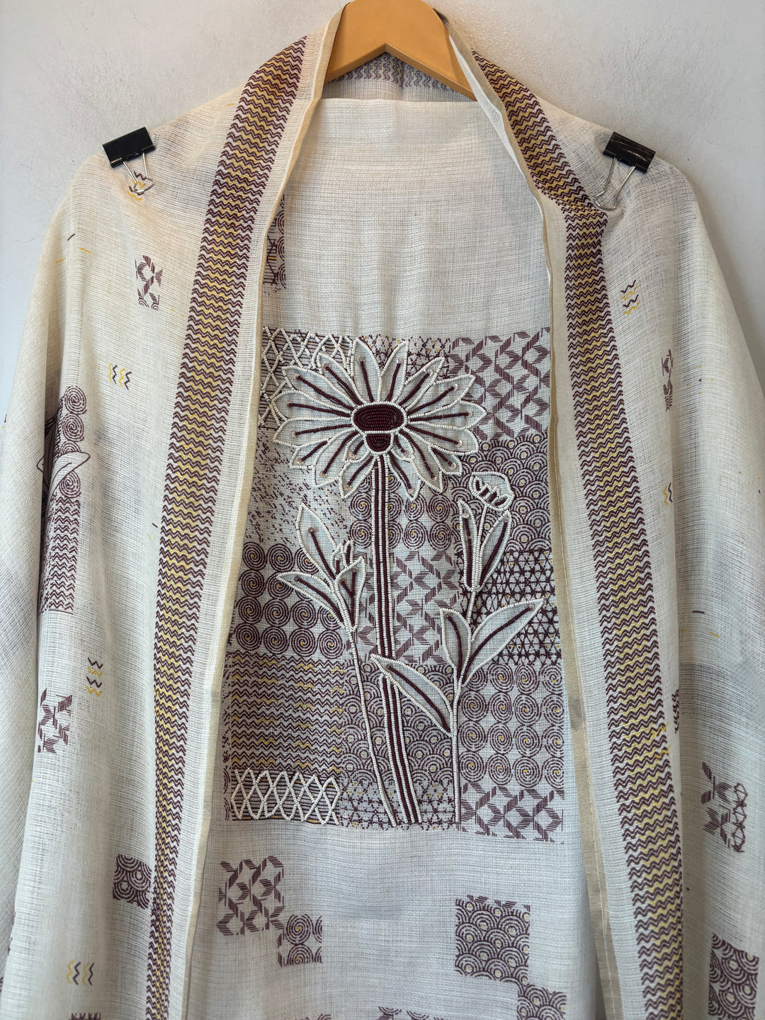 Maroon Soft Cotton Printed Unstitched Suit Set with Bead Work