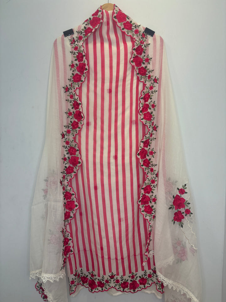 Pink Mul Cotton Unstitched Suit with Stripes, Cutwork &amp; Embroidery