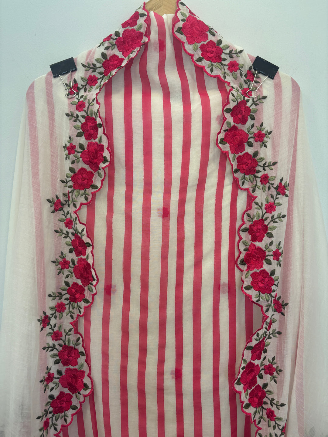 Pink Mul Cotton Unstitched Suit with Stripes, Cutwork &amp; Embroidery