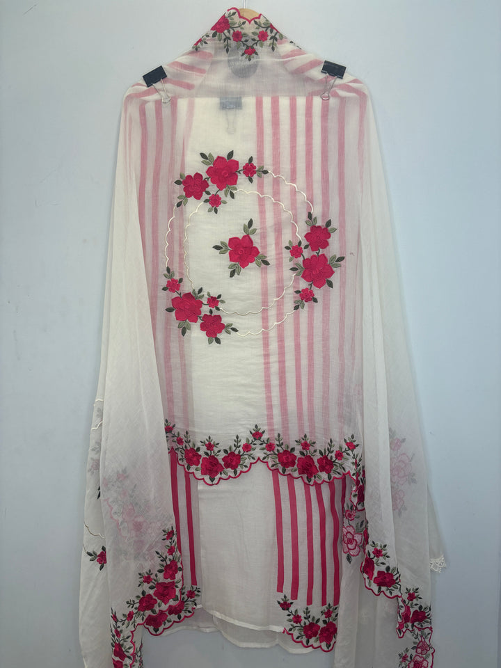 Pink Mul Cotton Unstitched Suit with Stripes, Cutwork &amp; Embroidery