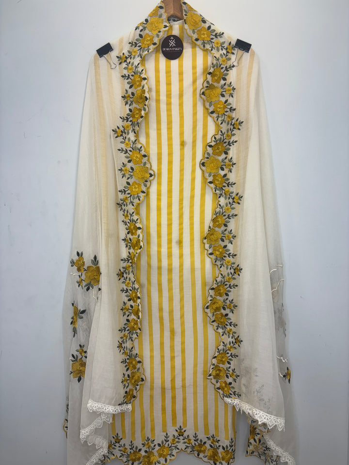 Yellow Mul Cotton Unstitched Suit with Stripes, Cutwork &amp; Embroidery