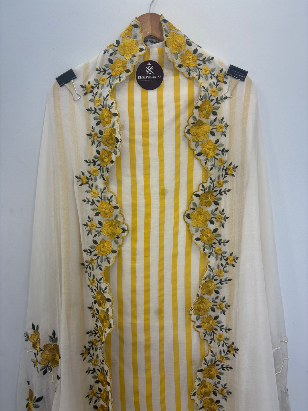 Yellow Mul Cotton Unstitched Suit with Stripes, Cutwork &amp; Embroidery