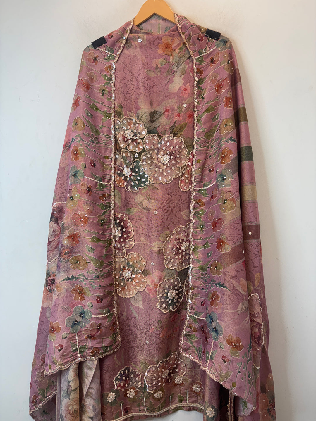 Pink Tissue Printed Unstitched Suit Set with 3D Floral &amp; Cutdana Work