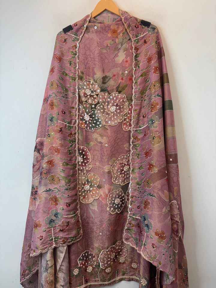 Pink Tissue Printed Unstitched Suit Set with 3D Floral &amp; Cutdana Work