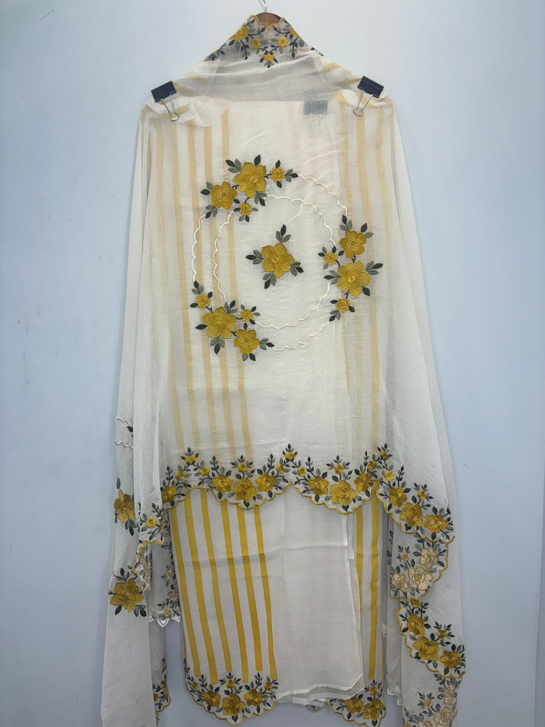 Yellow Mul Cotton Unstitched Suit with Stripes, Cutwork &amp; Embroidery