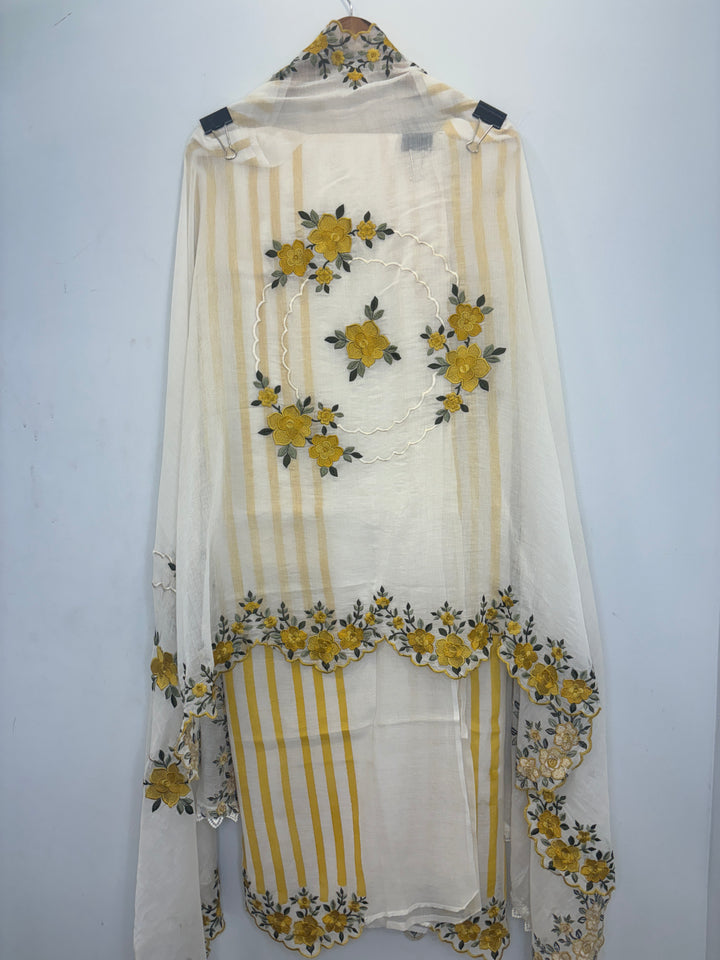 Yellow Mul Cotton Unstitched Suit with Stripes, Cutwork &amp; Embroidery