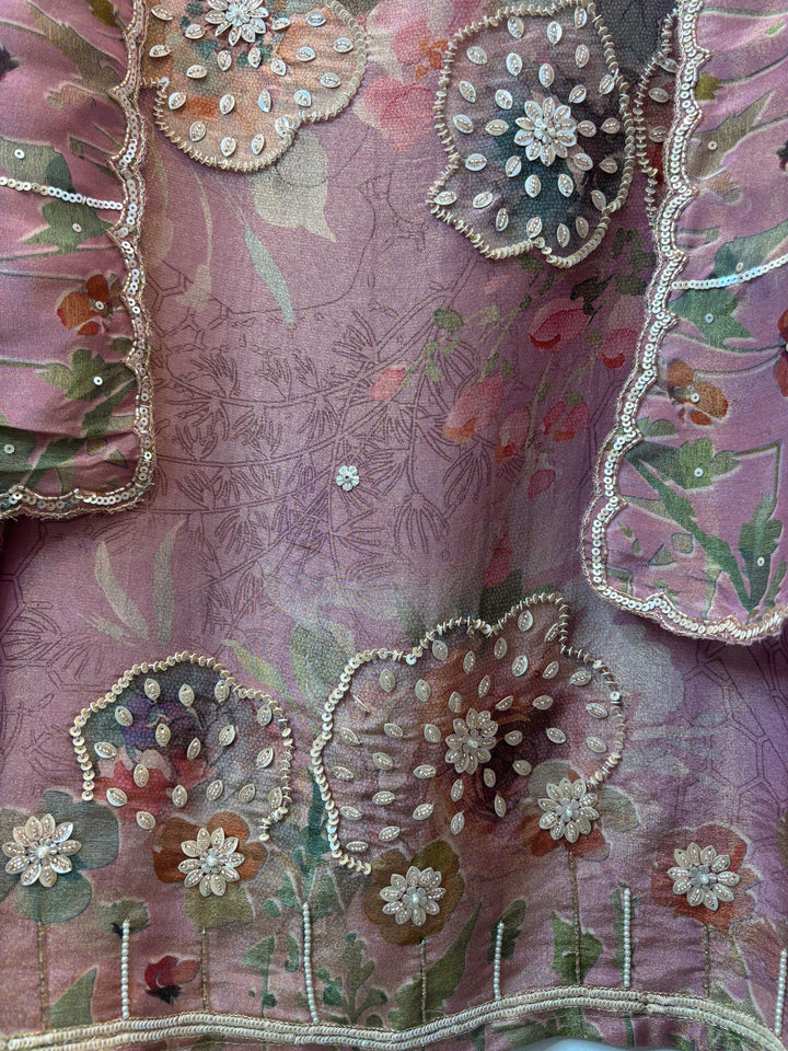 Pink Tissue Printed Unstitched Suit Set with 3D Floral &amp; Cutdana Work
