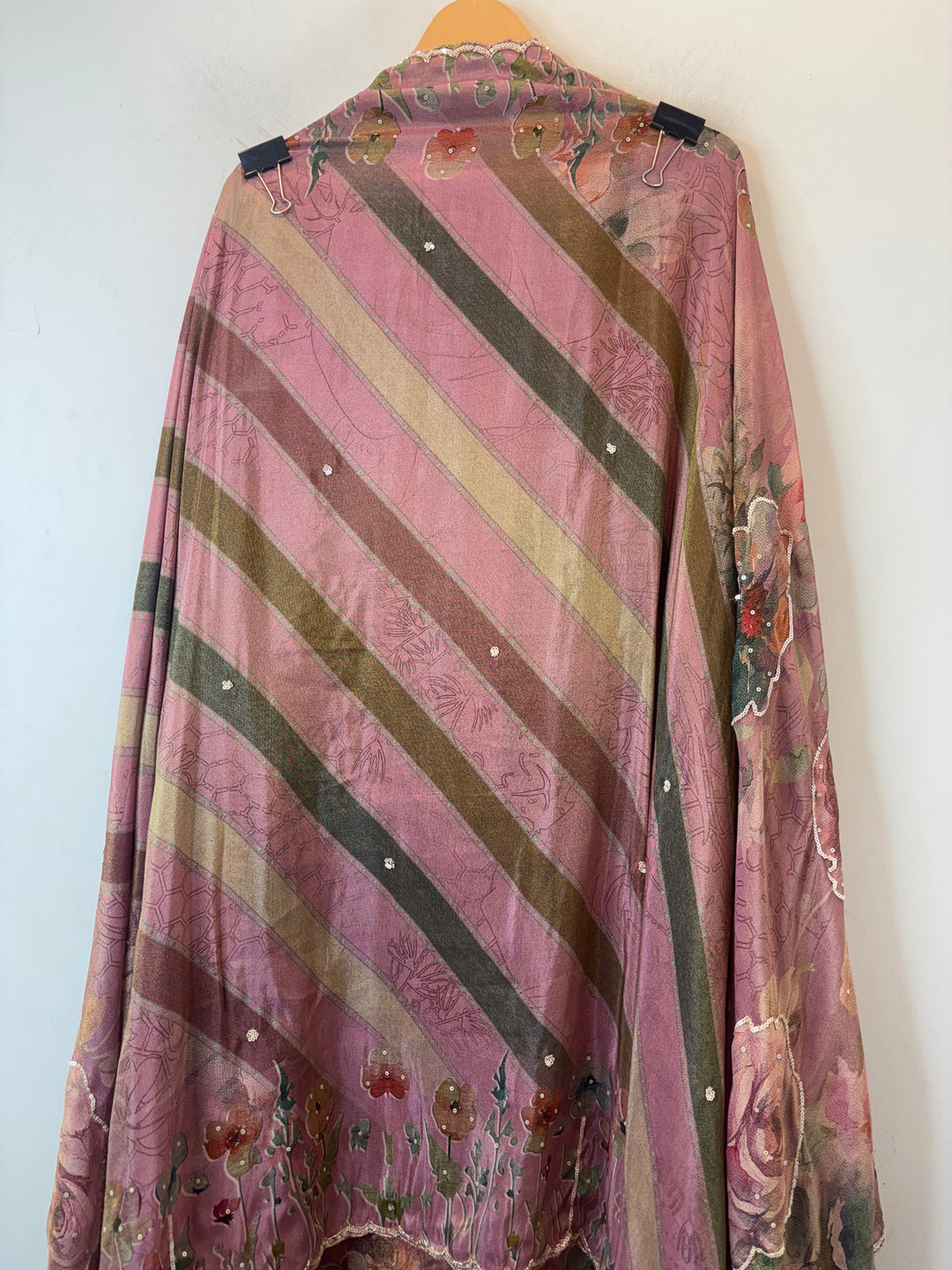Pink Tissue Printed Unstitched Suit Set with 3D Floral &amp; Cutdana Work