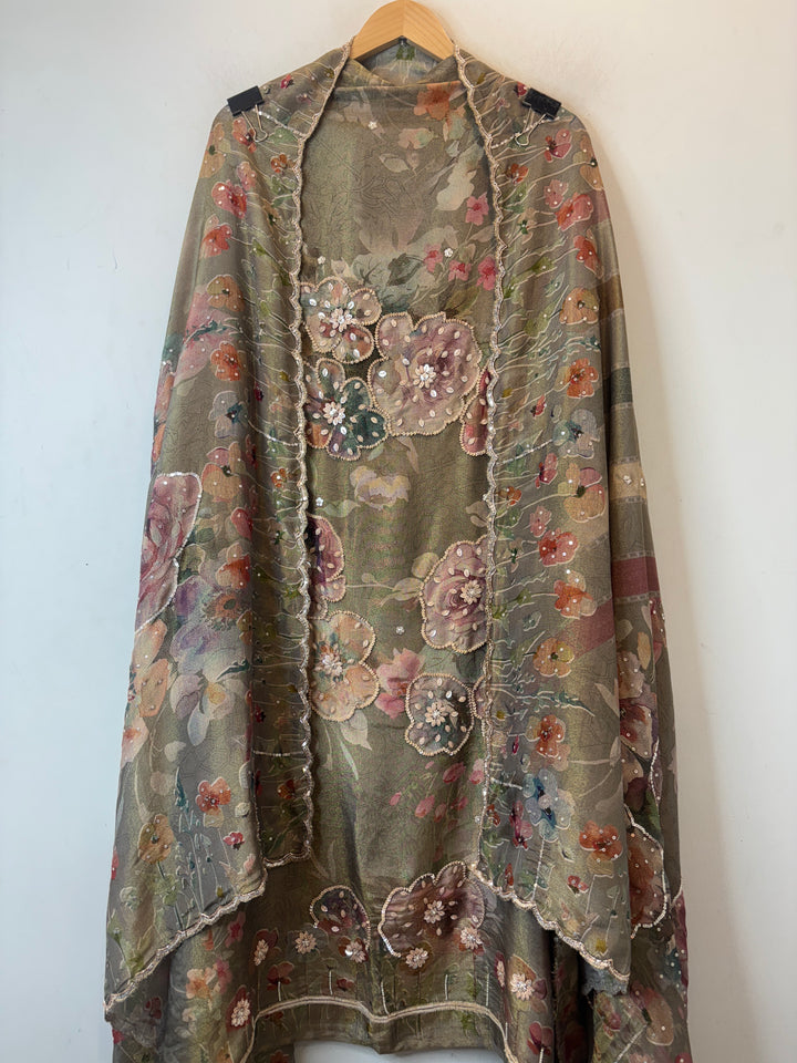 Green Tissue Printed Unstitched Suit Set with 3D Floral &amp; Cutdana Work