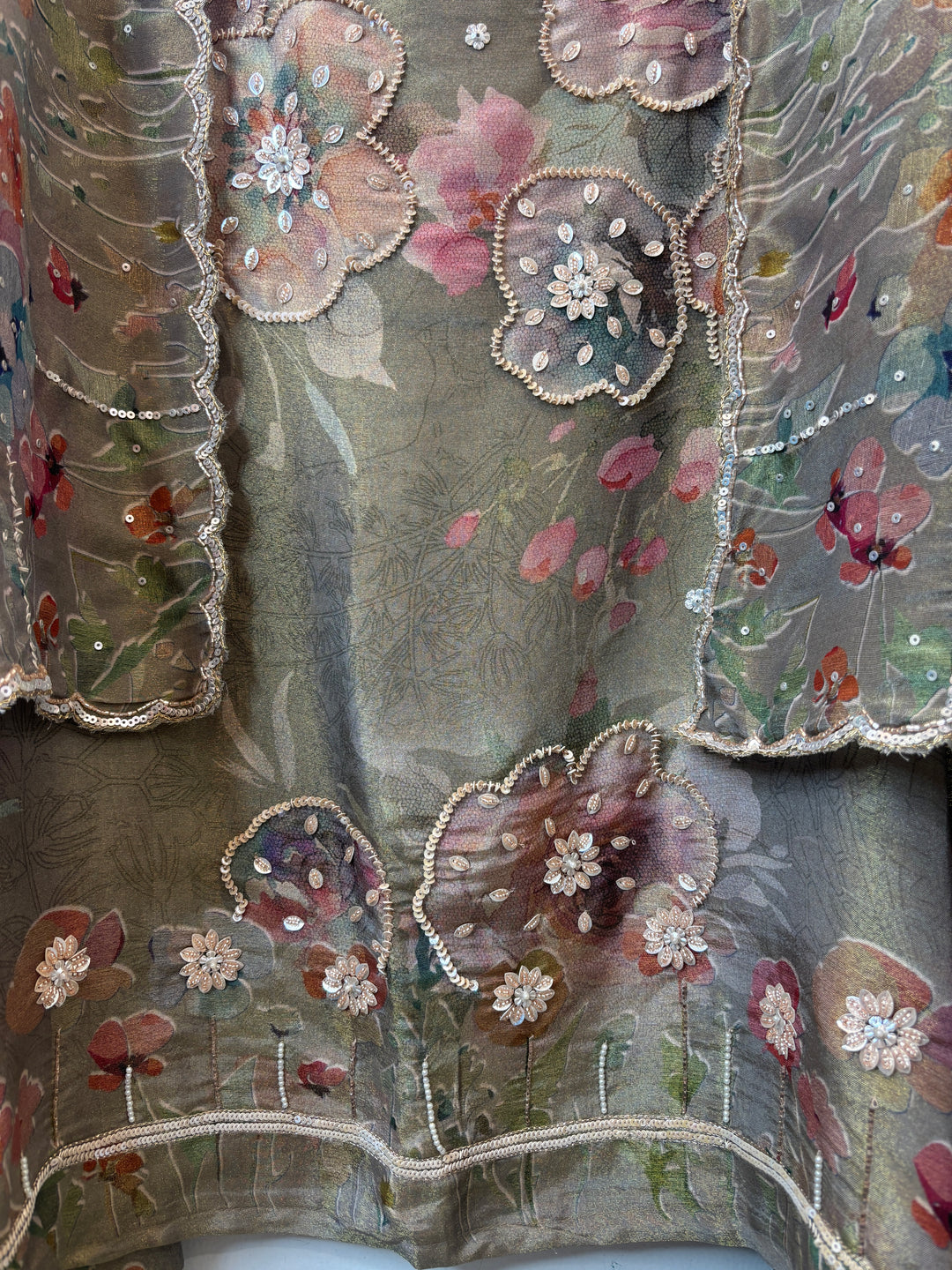 Green Tissue Printed Unstitched Suit Set with 3D Floral &amp; Cutdana Work