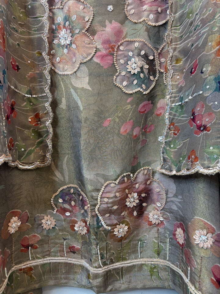 Green Tissue Printed Unstitched Suit Set with 3D Floral &amp; Cutdana Work