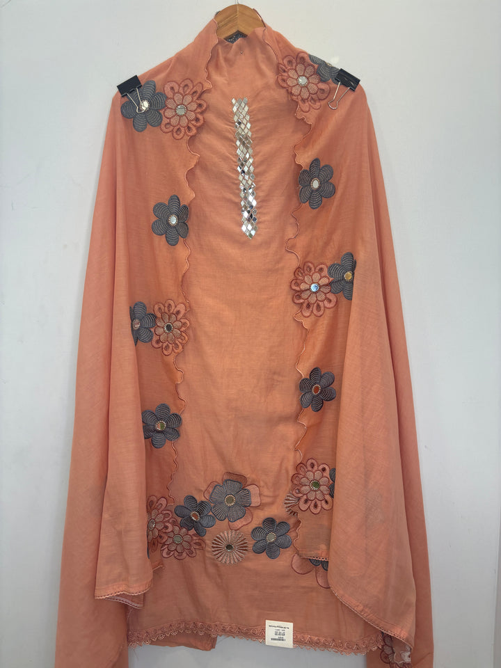 Peach Mul Cotton Unstitched Suit with Mirror Work &amp; Cutwork Embroidery