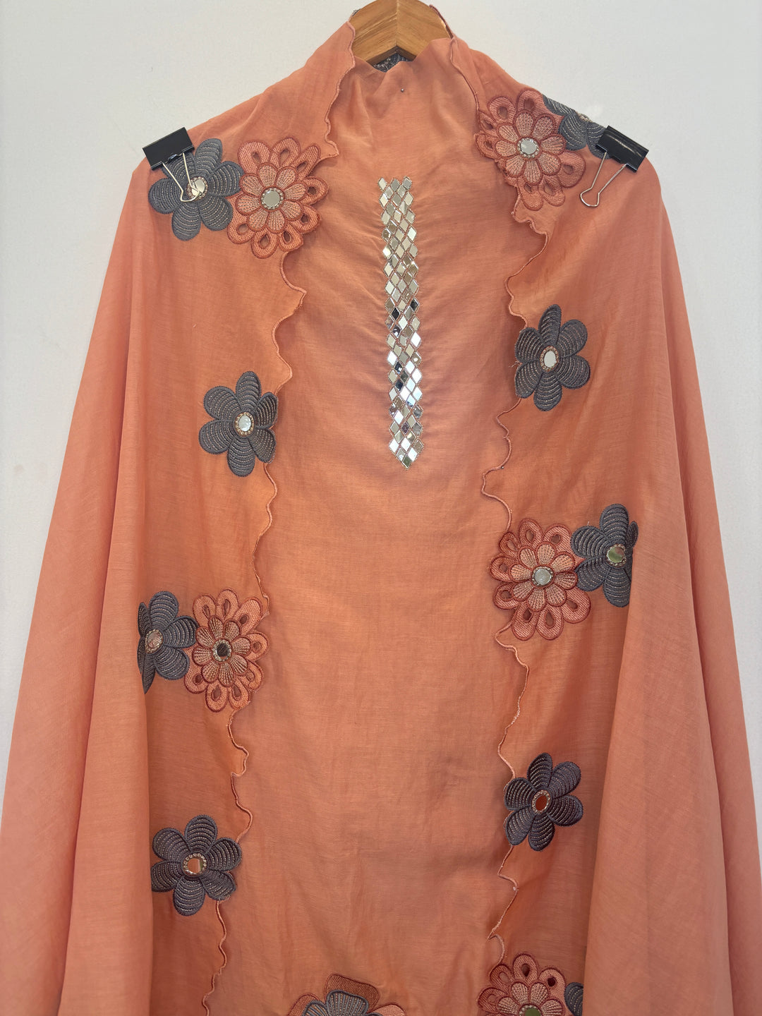 Peach Mul Cotton Unstitched Suit with Mirror Work &amp; Cutwork Embroidery