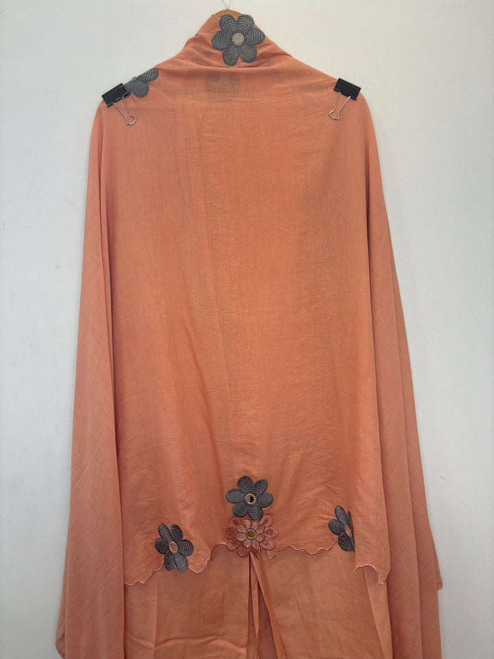 Peach Mul Cotton Unstitched Suit with Mirror Work &amp; Cutwork Embroidery