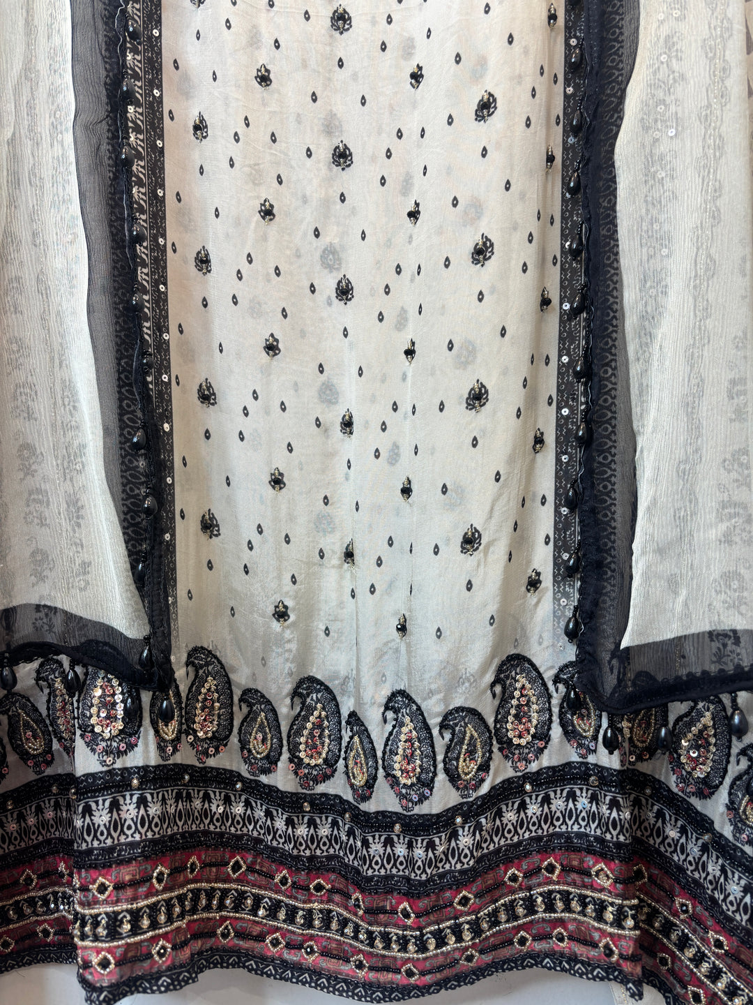 Silk Organza Unstitched Suit Set with 3D Floral &amp; Pearl Work