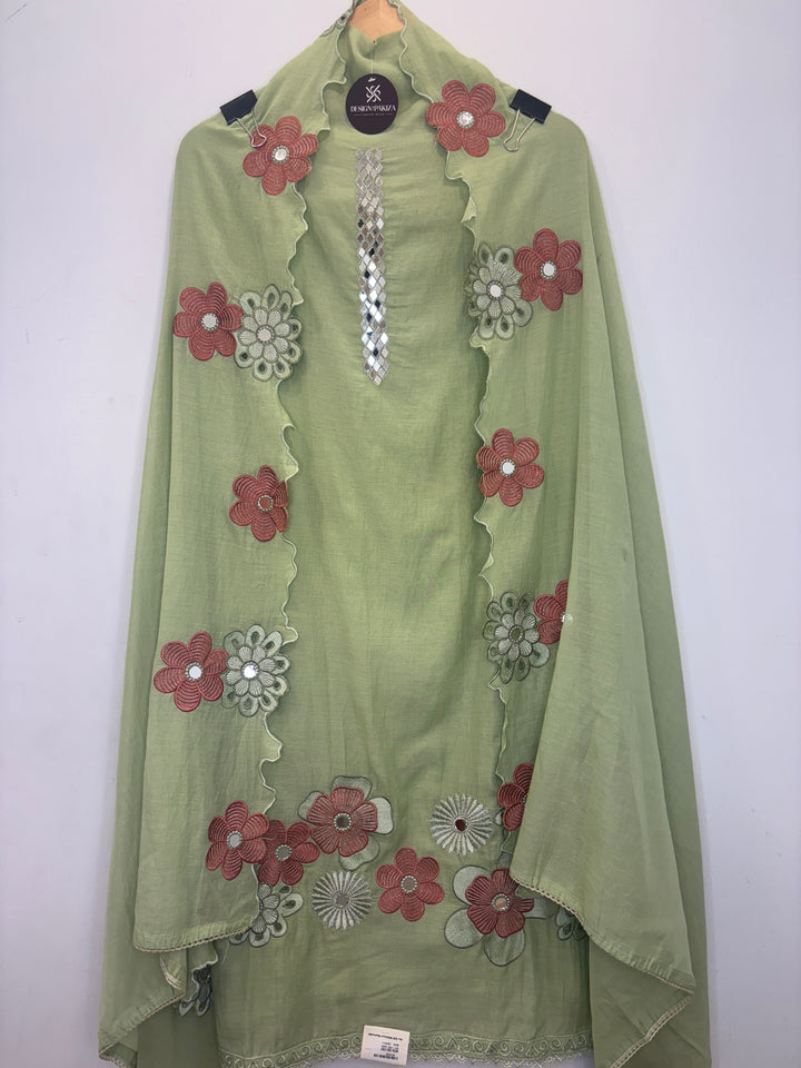 Green Mul Cotton Unstitched Suit with Mirror Work &amp; Cutwork Embroidery