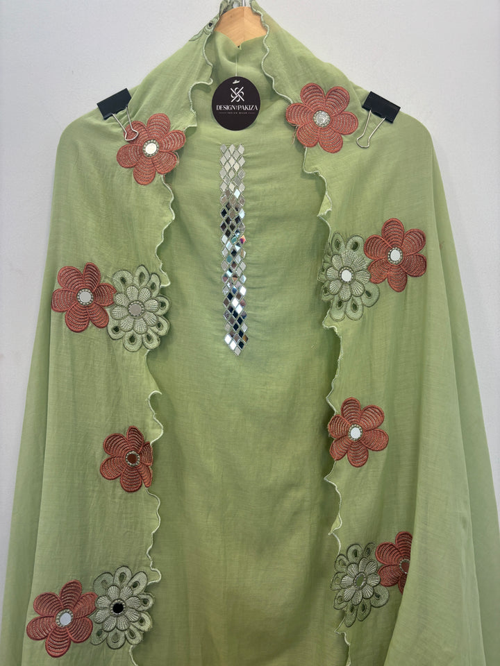 Green Mul Cotton Unstitched Suit with Mirror Work &amp; Cutwork Embroidery