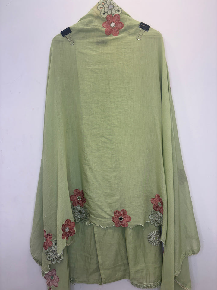 Green Mul Cotton Unstitched Suit with Mirror Work &amp; Cutwork Embroidery