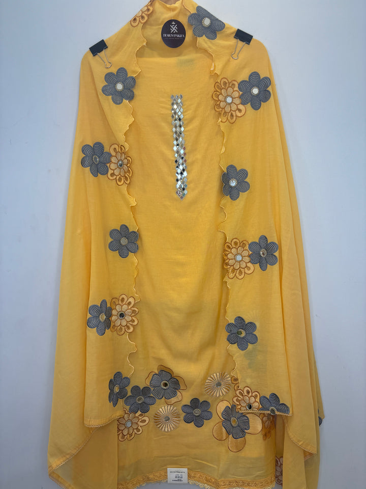 Yellow Mul Cotton Unstitched Suit with Mirror Work &amp; Cutwork Embroidery