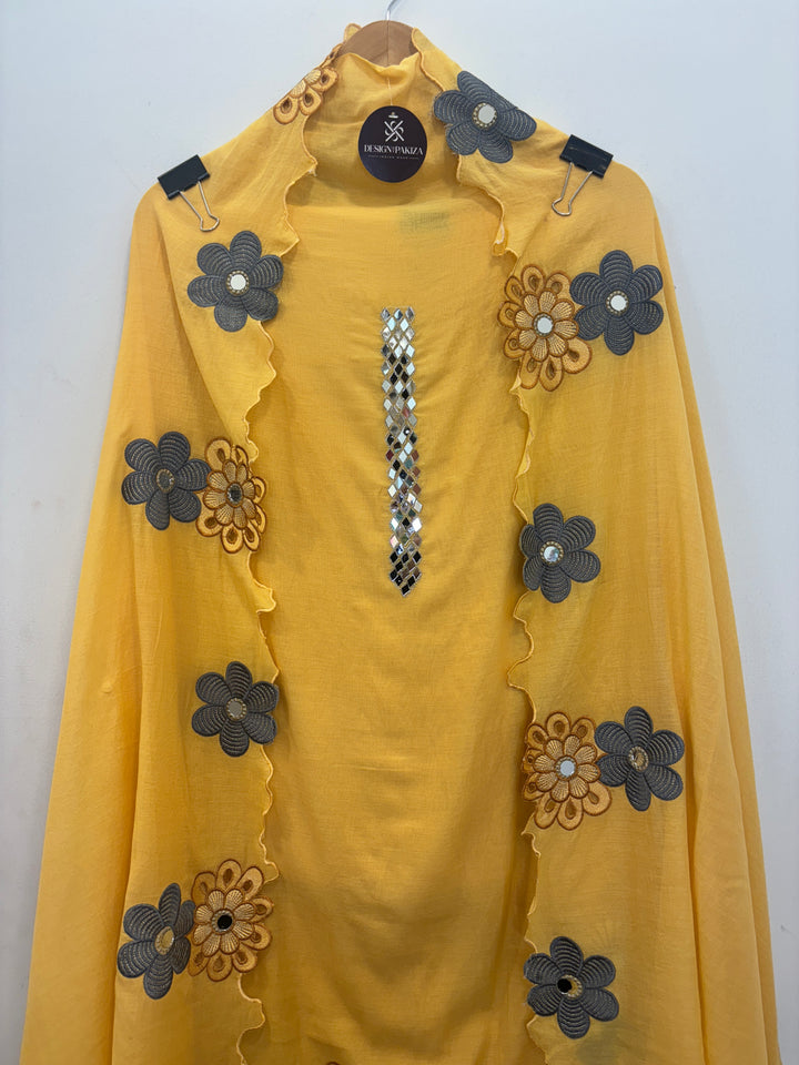 Yellow Mul Cotton Unstitched Suit with Mirror Work &amp; Cutwork Embroidery