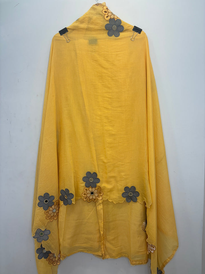 Yellow Mul Cotton Unstitched Suit with Mirror Work &amp; Cutwork Embroidery