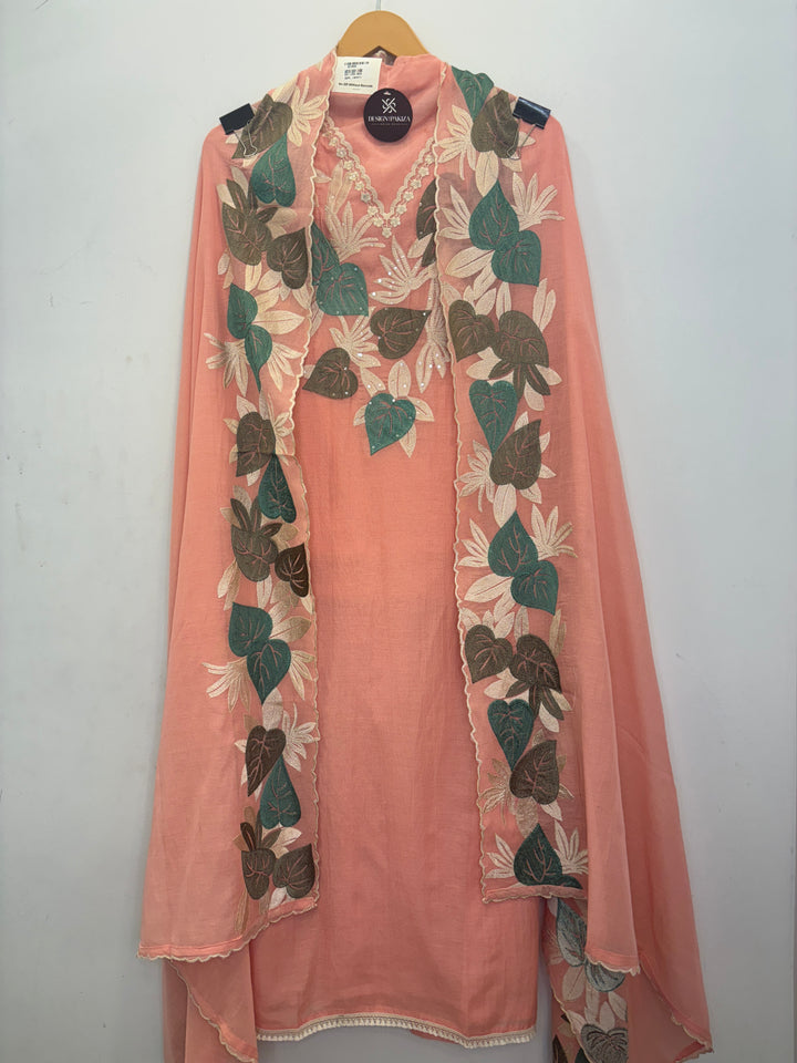 Peach Mul Cotton Unstitched Suit with Embroidery &amp; Lace Detailing